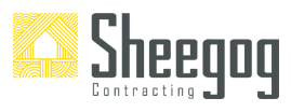 Logo for Sheegog Contracting with a yellow geometric house design on the left and the company name in bold gray letters on the right. The word “Contracting” appears below in smaller, lighter text.