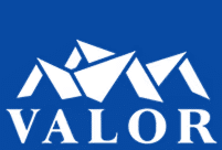 Blue background with white geometric mountain shapes above the word “VALOR” in bold, white, uppercase letters.