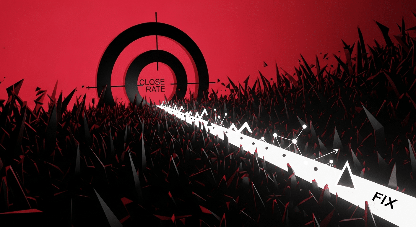 A white path with graphs leads through sharp black spikes toward a bullseye labeled “Close Rate” on a red background, ending at the word “Fix.”. A white path with graphs leads through sharp black spikes toward a bullseye labeled “Close Rate” on a red background, ending at the word “Fix.”.
