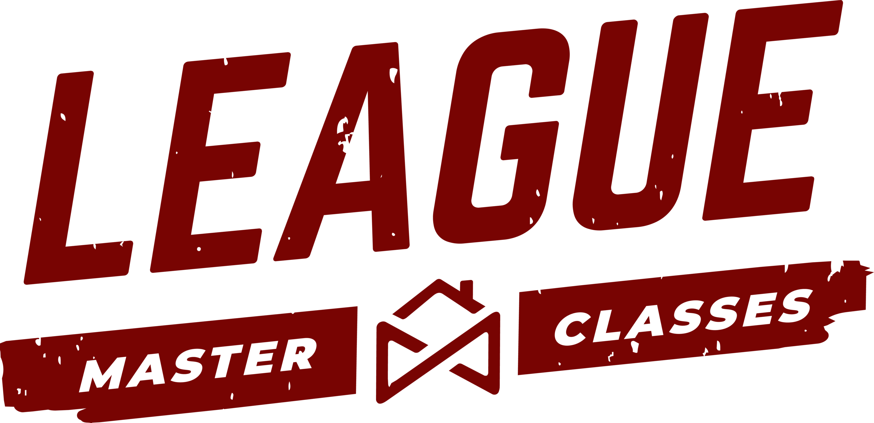 League Masterclasses Red text reads “LEAGUE” above two angled banners saying “MASTER” and “CLASSES” with a stylized icon in the middle. The design has a distressed, vintage look.